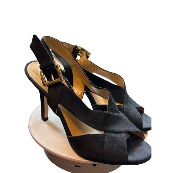 Michael Kors 6M Women's Black Suede Peep-Toe Slingback Heels With Gold Buckle - Picture 12 of 13
